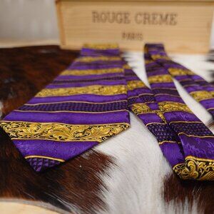 Charleston Purple, Gold and Black Paisley and Geometric Silk Tie